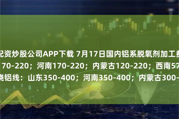配资炒股公司APP下载 7月17日国内铝系脱氧剂加工费： 铸造铝块：山东170-220；河南170-220；内蒙古120-220；西南570-620； 复绕铝线：山东350-400；河南350-400；内蒙古300-400；西南400-630。（单位：元/吨）